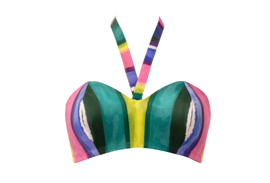 1950s-inspired halter bustier with a structured fit, underwire support, and striking multicolored stripes. Retro charm with a modern twist.