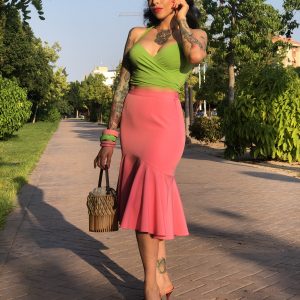 green top AVA with pink skirt
